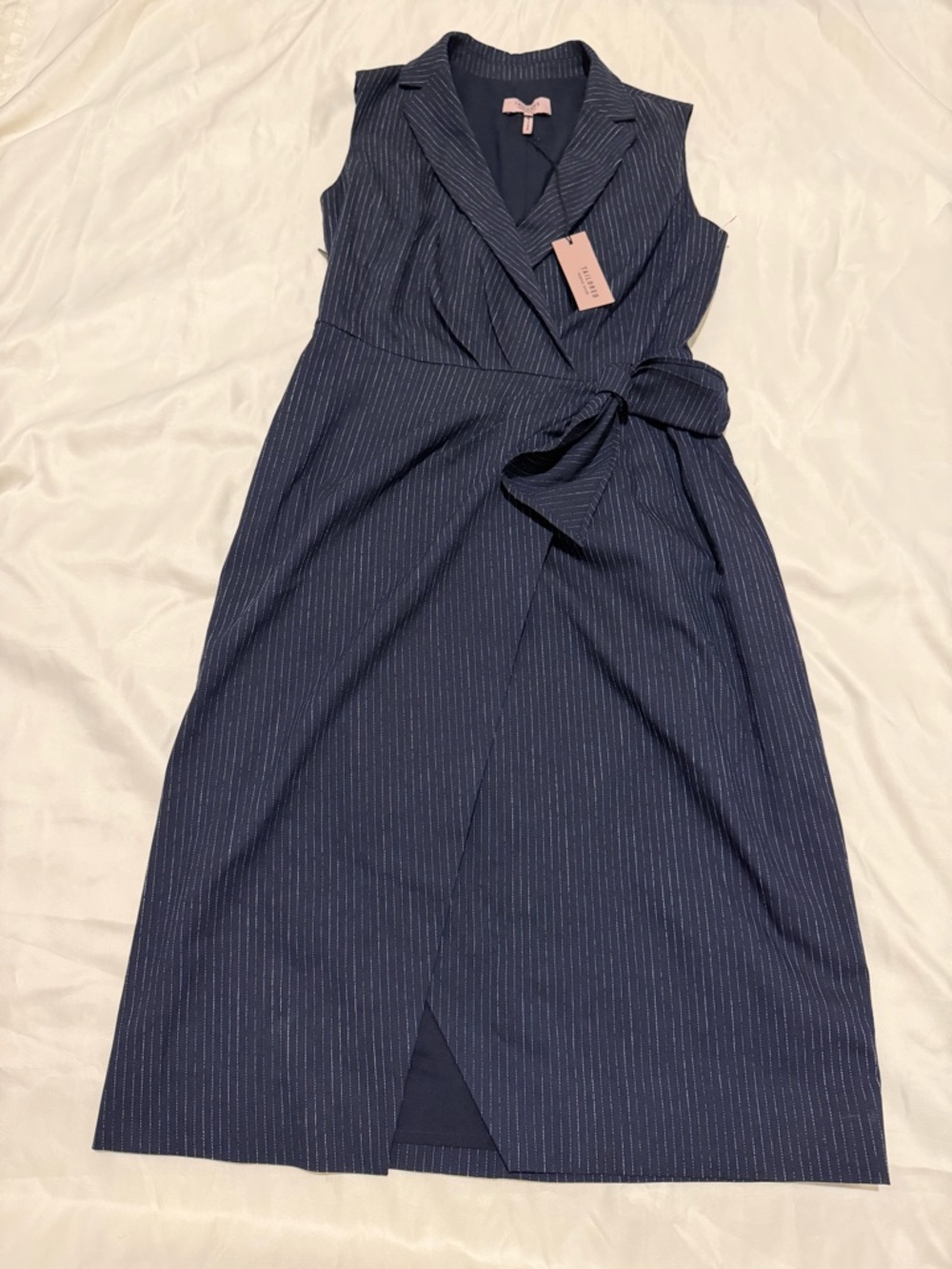 Sleeveless Navy Pinstripe Wrap-Front Mini Dress, SZ 0, NWT - Picture 9 of 14